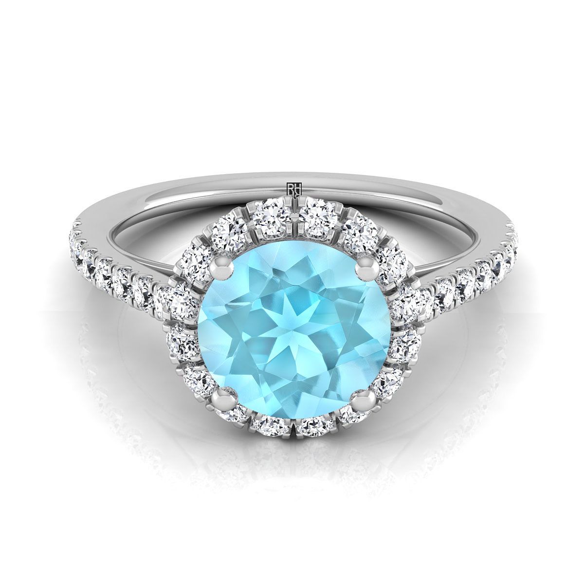 14K White Gold Round Brilliant Aquamarine Petite Halo French Diamond Pave Engagement Ring -3/8ctw