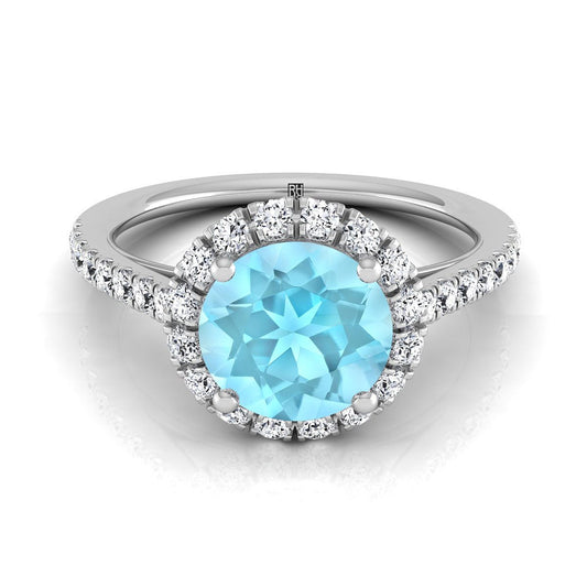 14K White Gold Round Brilliant Aquamarine Petite Halo French Diamond Pave Engagement Ring -3/8ctw