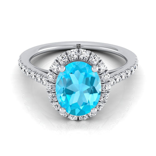 14K White Gold Oval Swiss Blue Topaz Petite Halo French Diamond Pave Engagement Ring -3/8ctw