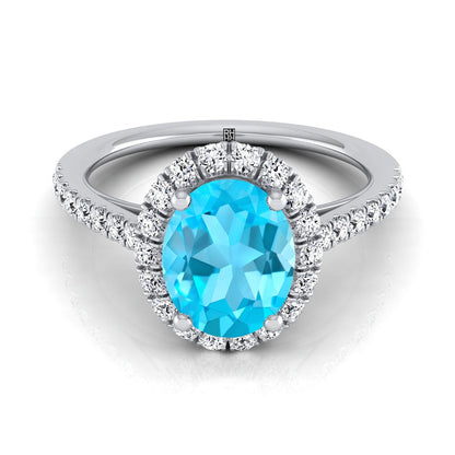 Platinum Oval Swiss Blue Topaz Petite Halo French Diamond Pave Engagement Ring -3/8ctw