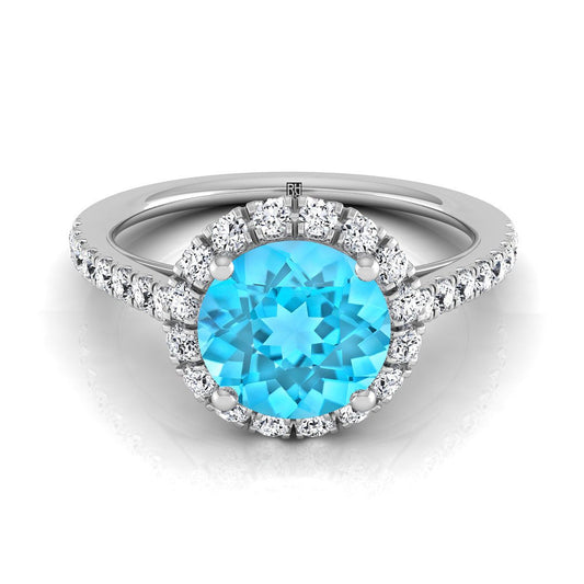 14K White Gold Round Brilliant Swiss Blue Topaz Petite Halo French Diamond Pave Engagement Ring -3/8ctw