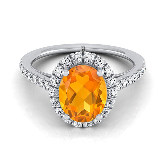 14K White Gold Oval Citrine Petite Halo French Diamond Pave Engagement Ring -3/8ctw