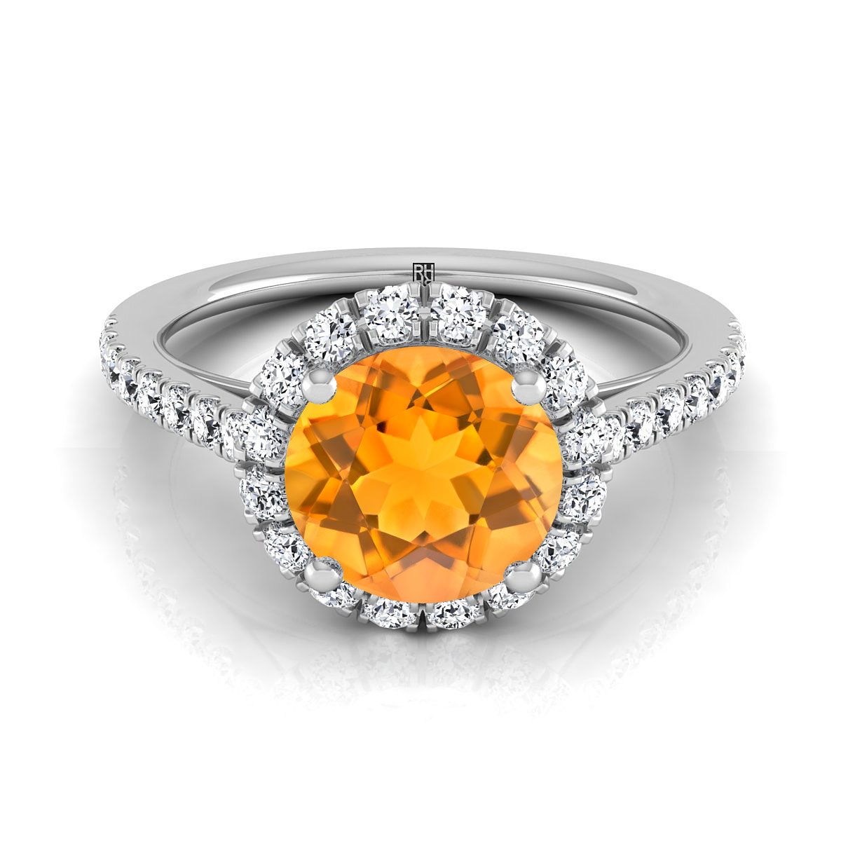 18K White Gold Round Brilliant Citrine Petite Halo French Diamond Pave Engagement Ring -3/8ctw