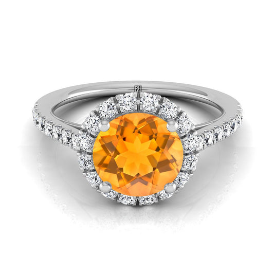 Platinum Round Brilliant Citrine Petite Halo French Diamond Pave Engagement Ring -3/8ctw