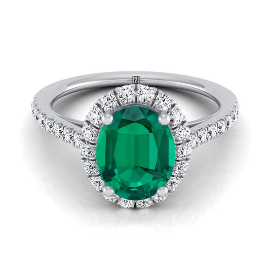 18K White Gold Oval Emerald Petite Halo French Diamond Pave Engagement Ring -3/8ctw