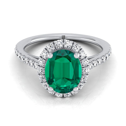 Platinum Oval Emerald Petite Halo French Diamond Pave Engagement Ring -3/8ctw