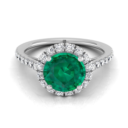 18K White Gold Round Brilliant Emerald Petite Halo French Diamond Pave Engagement Ring -3/8ctw