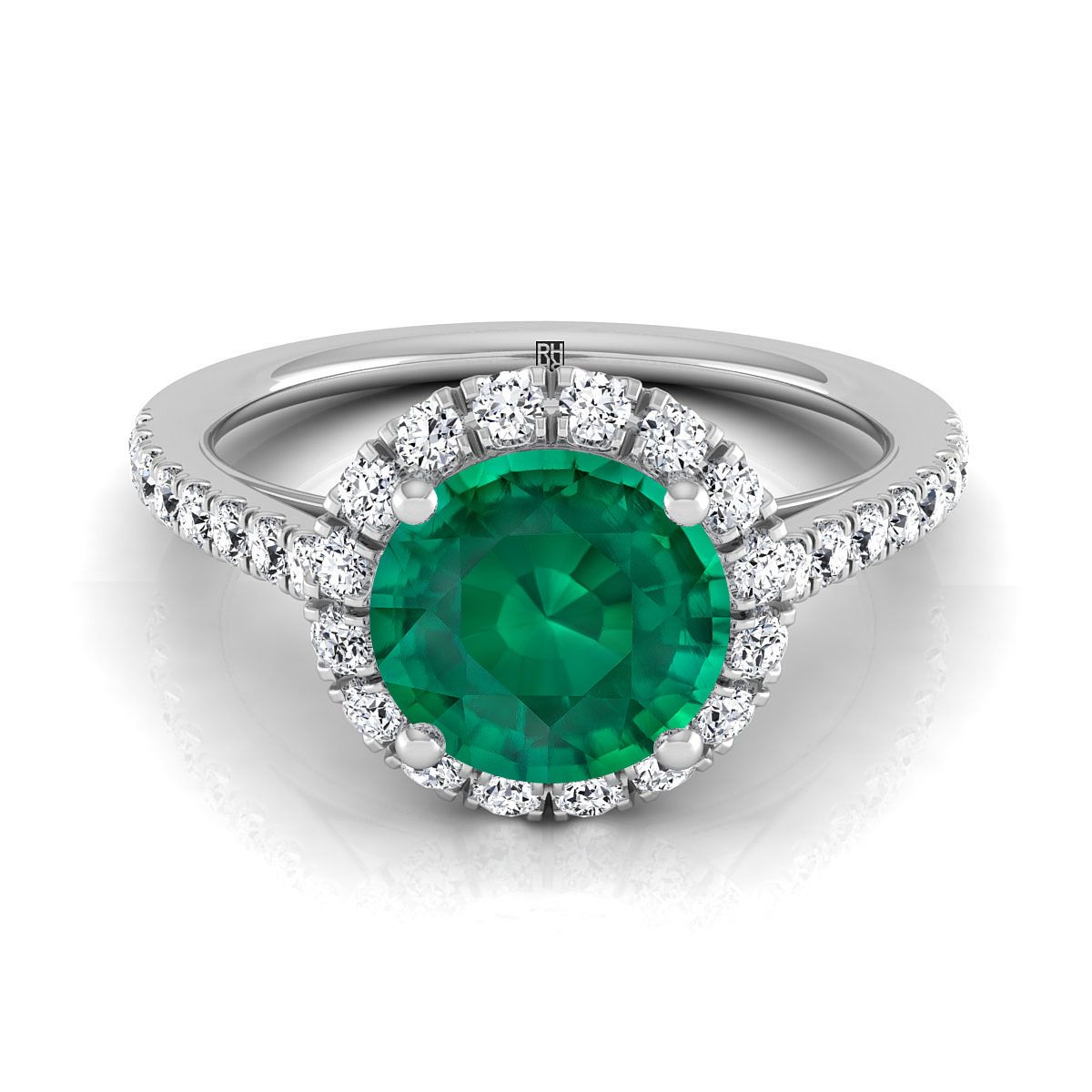 Platinum Round Brilliant Emerald Petite Halo French Diamond Pave Engagement Ring -3/8ctw