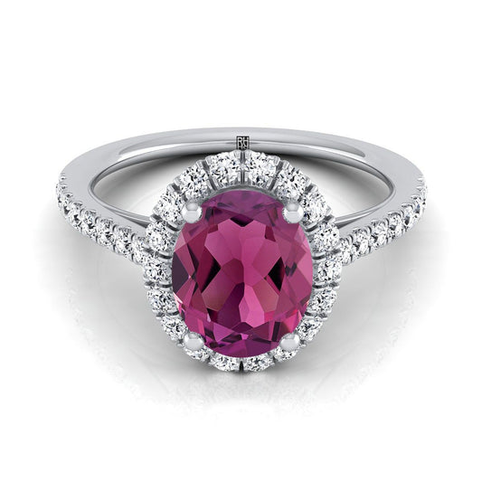 18K White Gold Oval Garnet Petite Halo French Diamond Pave Engagement Ring -3/8ctw