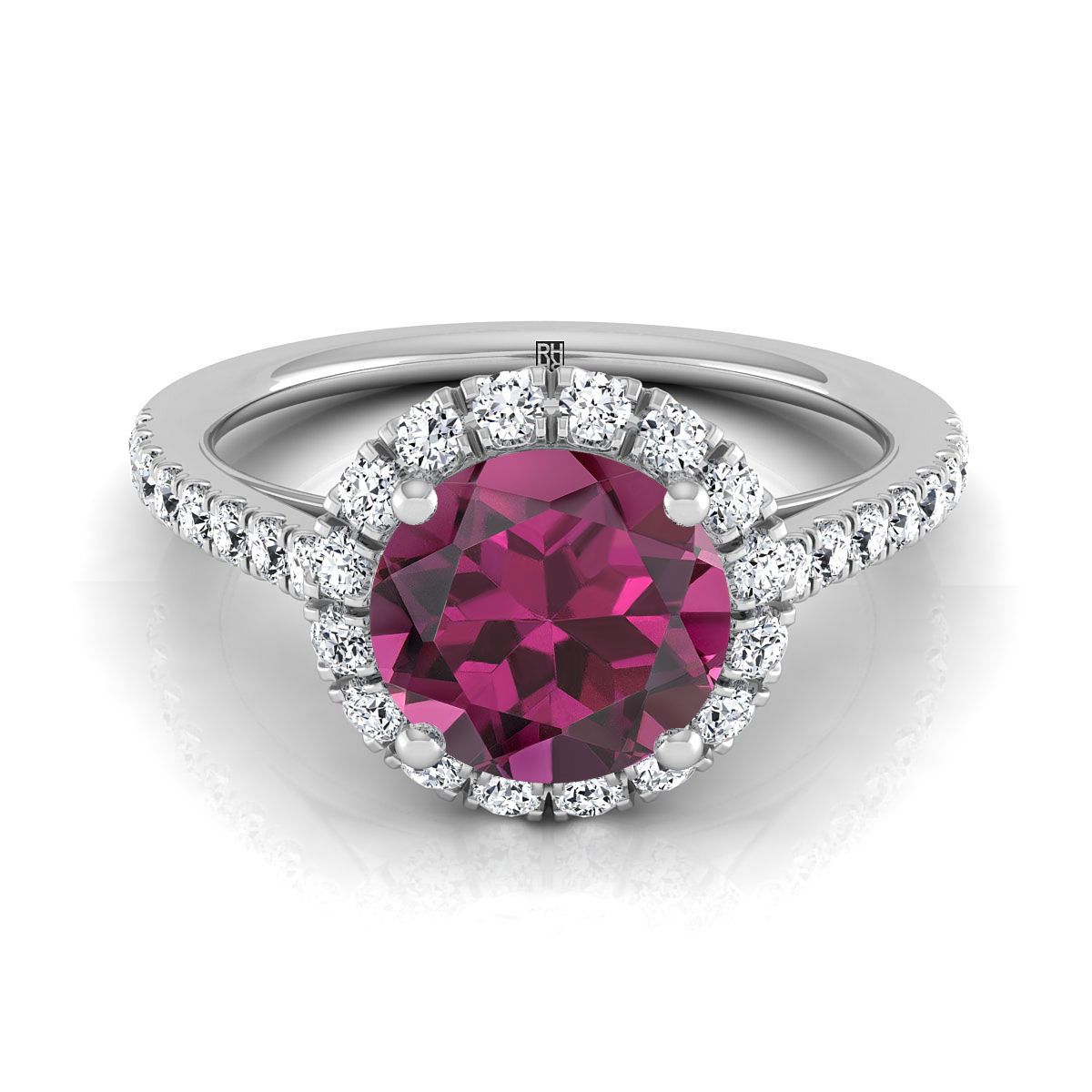 14K White Gold Round Brilliant Garnet Petite Halo French Diamond Pave Engagement Ring -3/8ctw