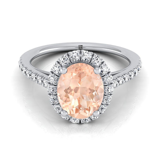 18K White Gold Oval Morganite Petite Halo French Diamond Pave Engagement Ring -3/8ctw