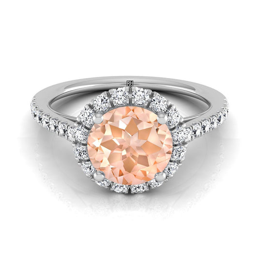 18K White Gold Round Brilliant Morganite Petite Halo French Diamond Pave Engagement Ring -3/8ctw