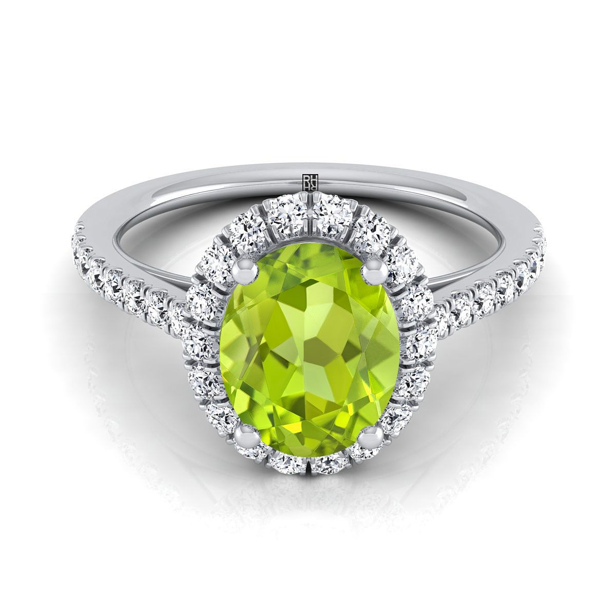Platinum Oval Peridot Petite Halo French Diamond Pave Engagement Ring -3/8ctw