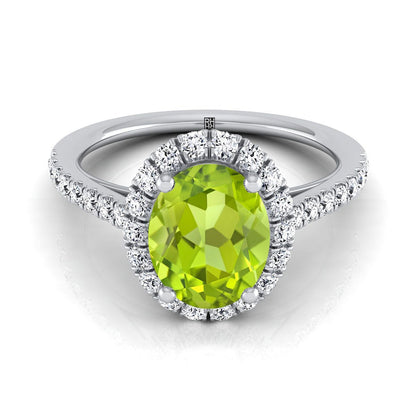14K White Gold Oval Peridot Petite Halo French Diamond Pave Engagement Ring -3/8ctw