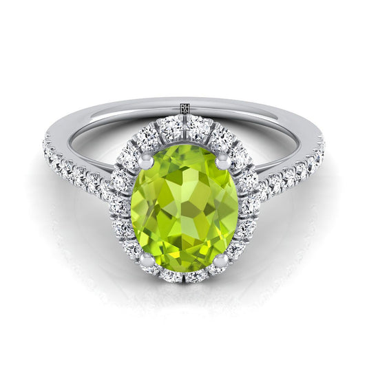 14K White Gold Oval Peridot Petite Halo French Diamond Pave Engagement Ring -3/8ctw