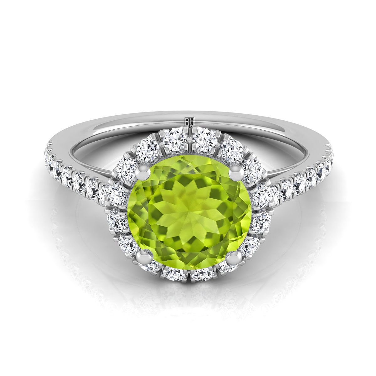 18K White Gold Round Brilliant Peridot Petite Halo French Diamond Pave Engagement Ring -3/8ctw