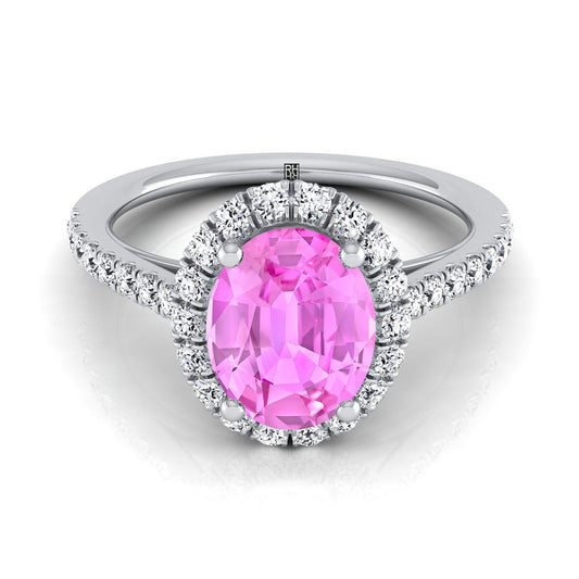 14K White Gold Oval Pink Sapphire Petite Halo French Diamond Pave Engagement Ring -3/8ctw