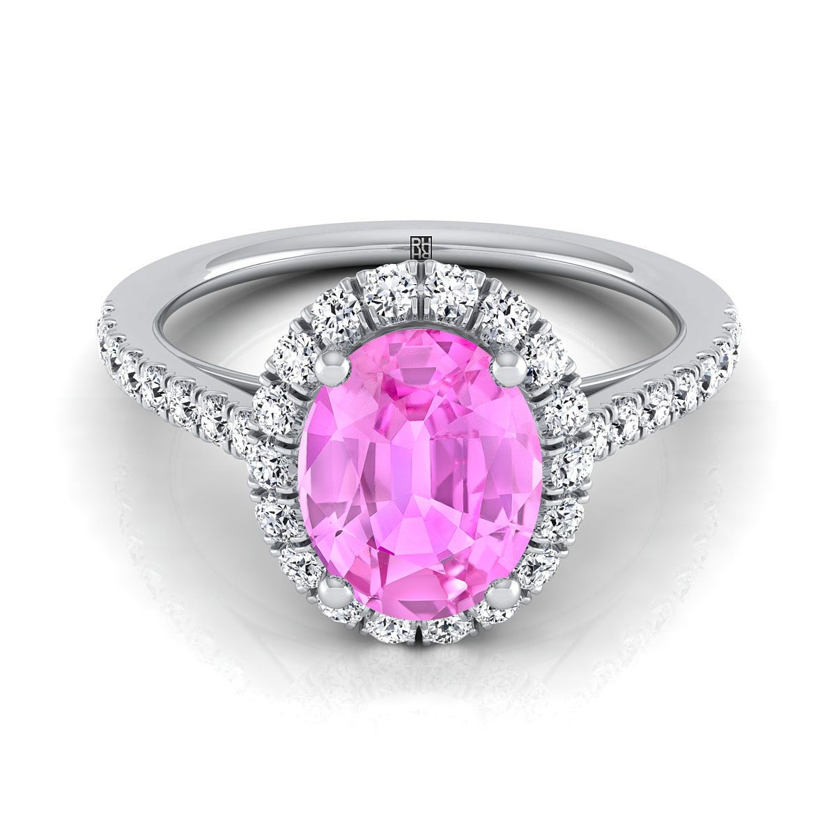 14K White Gold Oval Pink Sapphire Petite Halo French Diamond Pave Engagement Ring -3/8ctw