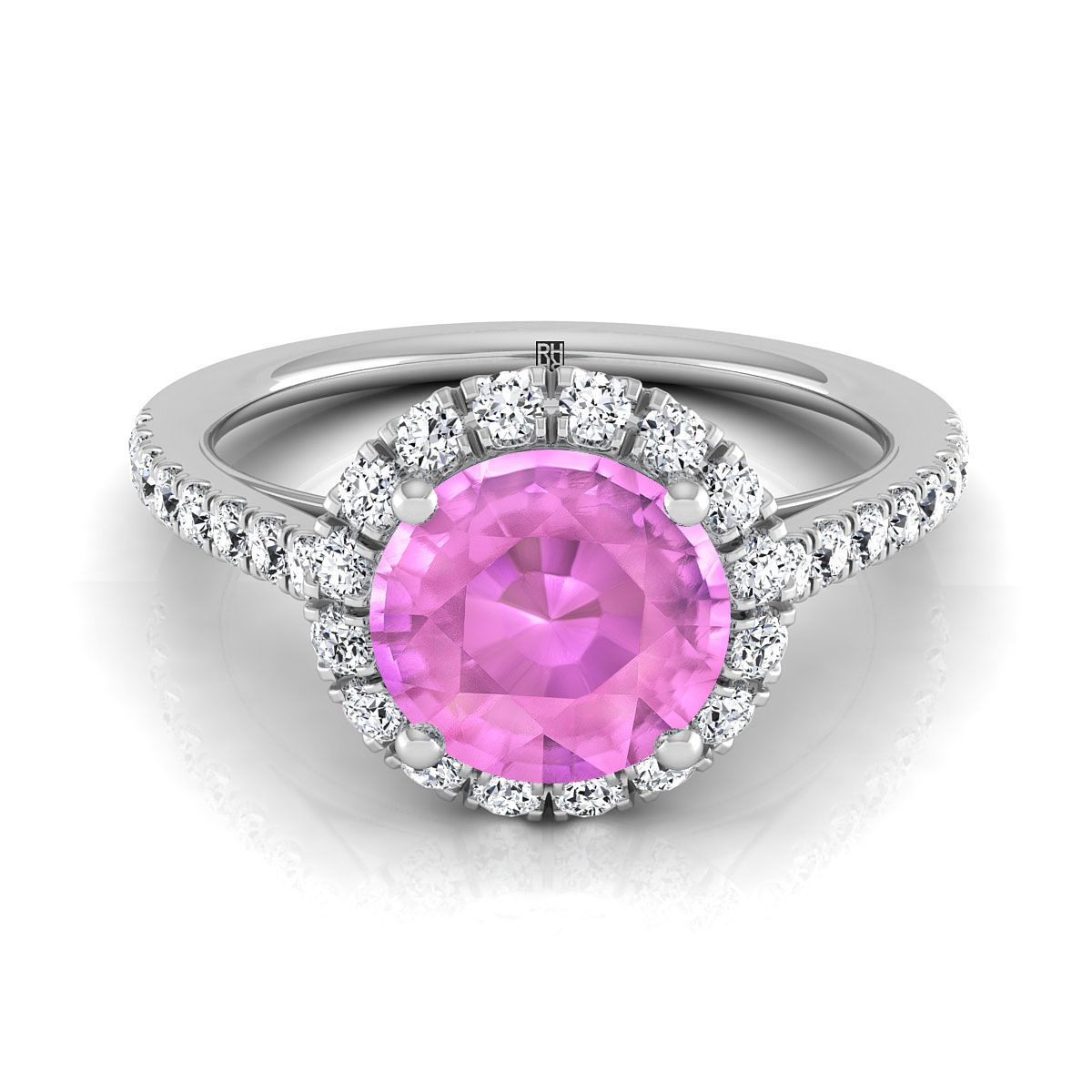 14K White Gold Round Brilliant Pink Sapphire Petite Halo French Diamond Pave Engagement Ring -3/8ctw