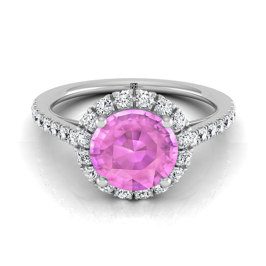 18K White Gold Round Brilliant Pink Sapphire Petite Halo French Diamond Pave Engagement Ring -3/8ctw