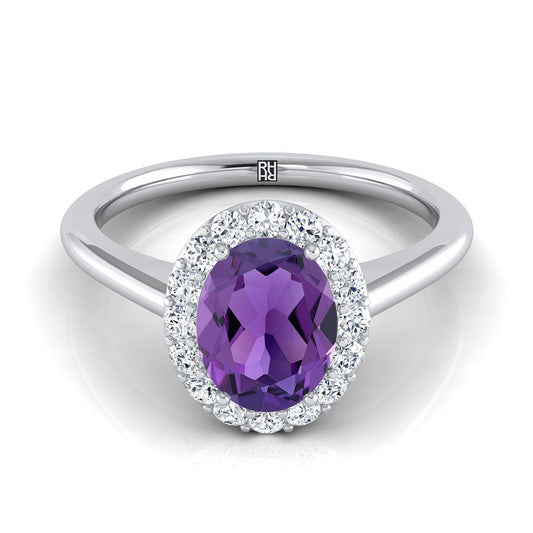 18K White Gold Oval Amethyst Shared Prong Diamond Halo Engagement Ring -1/5ctw