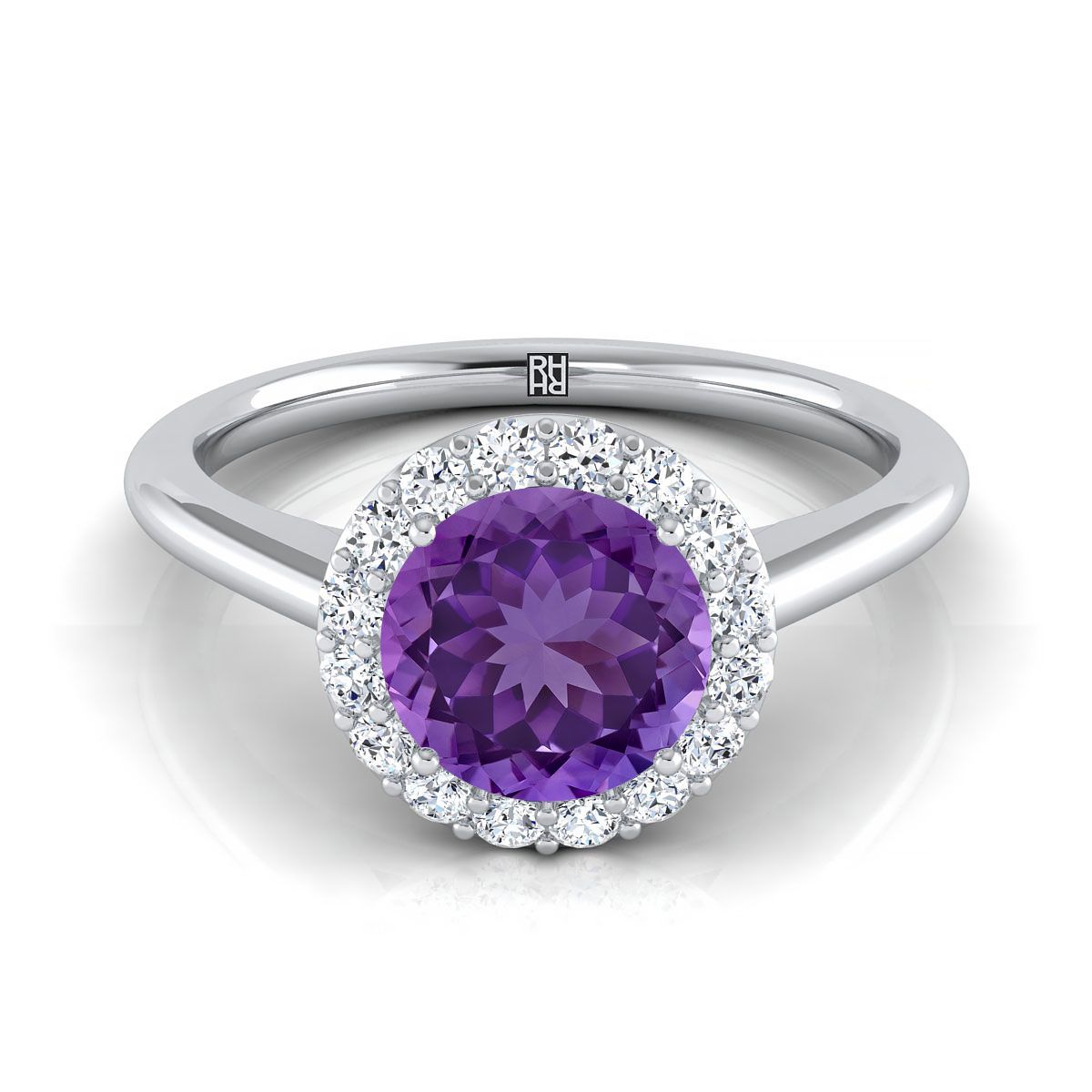 Platinum Round Brilliant Amethyst Shared Prong Diamond Halo Engagement Ring -1/5ctw