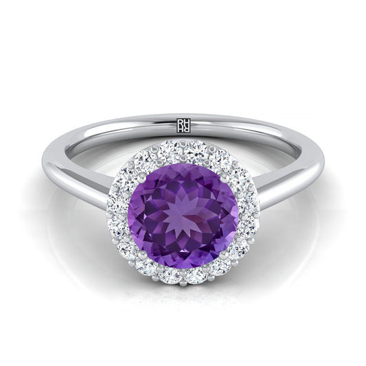 18K White Gold Round Brilliant Amethyst Shared Prong Diamond Halo Engagement Ring -1/5ctw