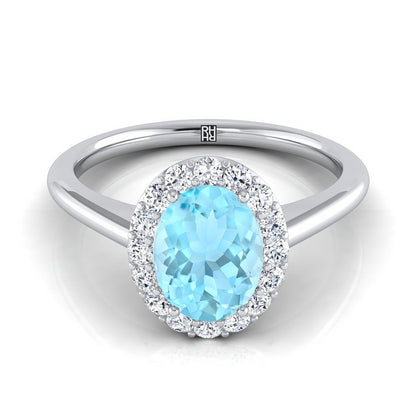 18K White Gold Oval Aquamarine Shared Prong Diamond Halo Engagement Ring -1/5ctw