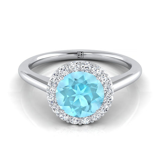 14K White Gold Round Brilliant Aquamarine Shared Prong Diamond Halo Engagement Ring -1/5ctw