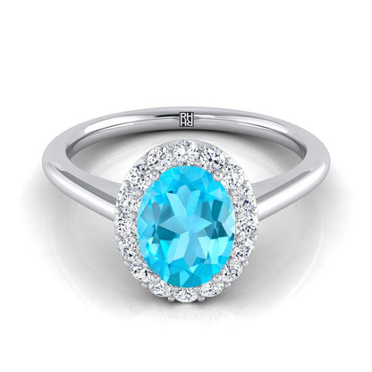 14K White Gold Oval Swiss Blue Topaz Shared Prong Diamond Halo Engagement Ring -1/5ctw