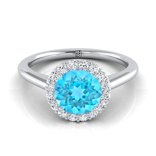 18K White Gold Round Brilliant Swiss Blue Topaz Shared Prong Diamond Halo Engagement Ring -1/5ctw
