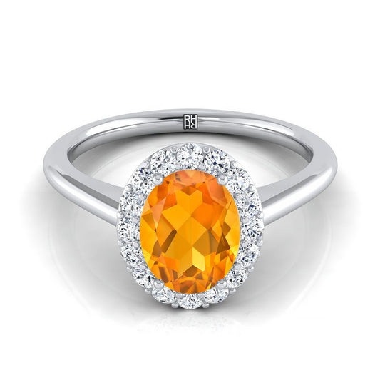 Platinum Oval Citrine Shared Prong Diamond Halo Engagement Ring -1/5ctw