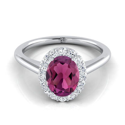 18K White Gold Oval Garnet Shared Prong Diamond Halo Engagement Ring -1/5ctw