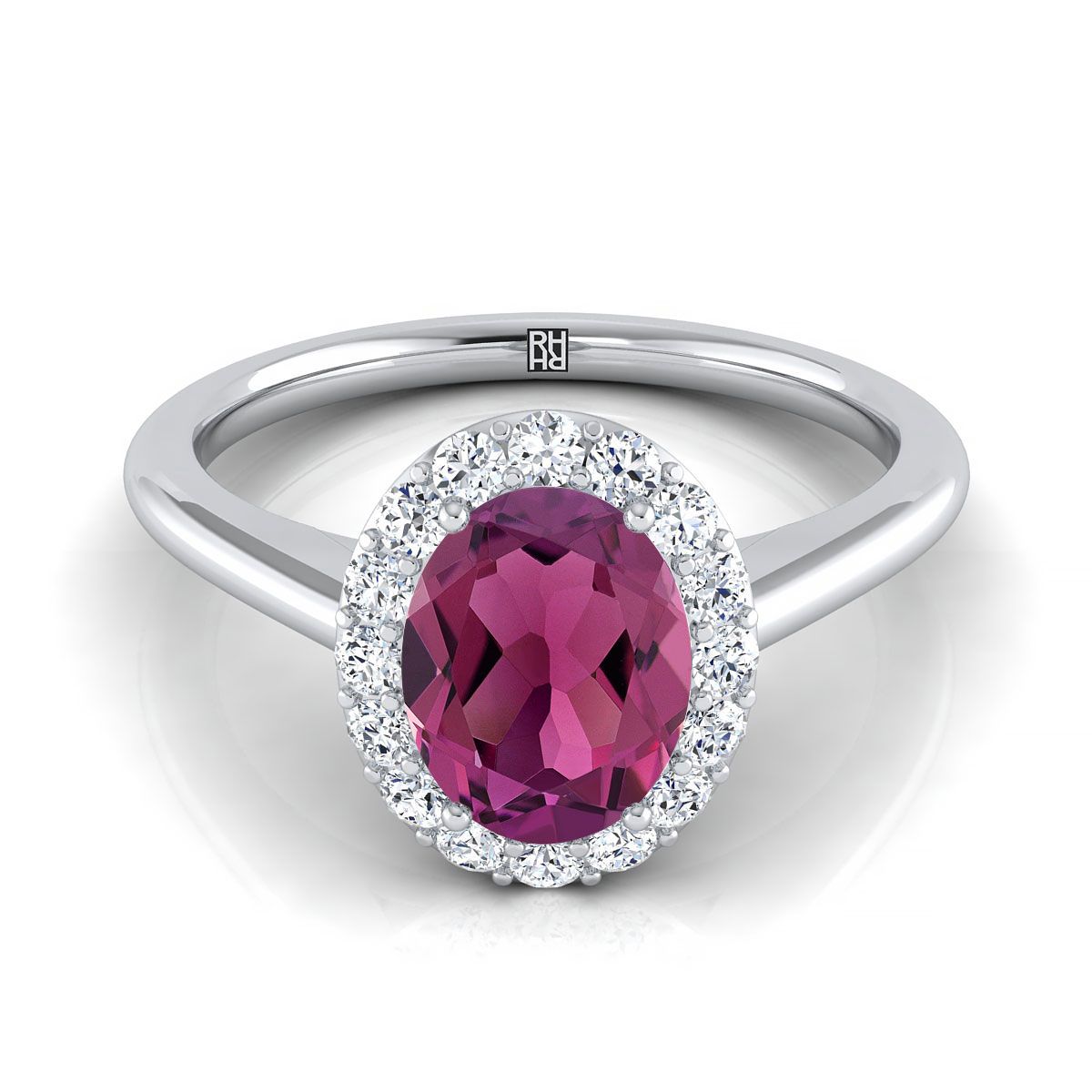 Platinum Oval Garnet Shared Prong Diamond Halo Engagement Ring -1/5ctw