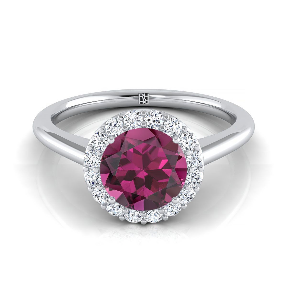 18K White Gold Round Brilliant Garnet Shared Prong Diamond Halo Engagement Ring -1/5ctw
