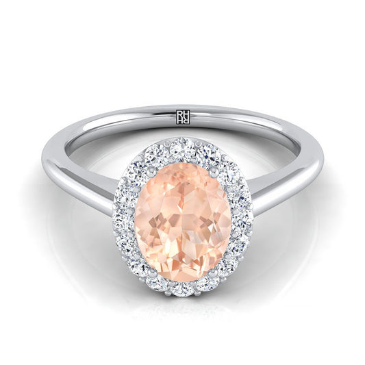 18K White Gold Oval Morganite Shared Prong Diamond Halo Engagement Ring -1/5ctw