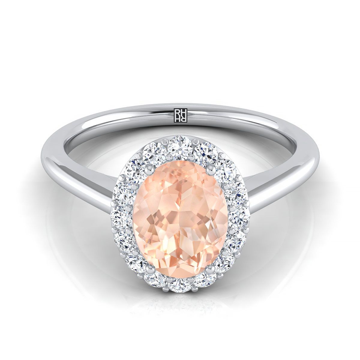 14K White Gold Oval Morganite Shared Prong Diamond Halo Engagement Ring -1/5ctw