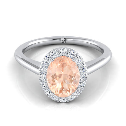 14K White Gold Oval Morganite Shared Prong Diamond Halo Engagement Ring -1/5ctw