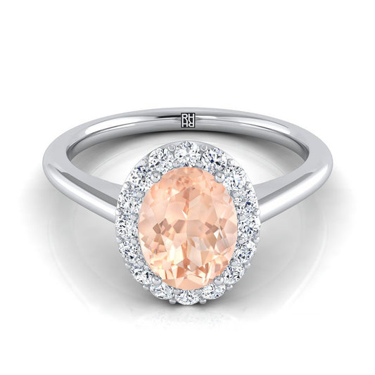 14K White Gold Oval Morganite Shared Prong Diamond Halo Engagement Ring -1/5ctw