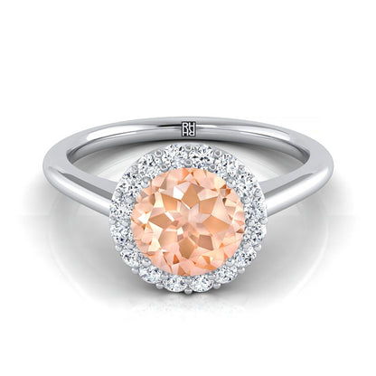 18K White Gold Round Brilliant Morganite Shared Prong Diamond Halo Engagement Ring -1/5ctw