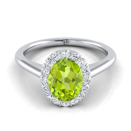 14K White Gold Oval Peridot Shared Prong Diamond Halo Engagement Ring -1/5ctw