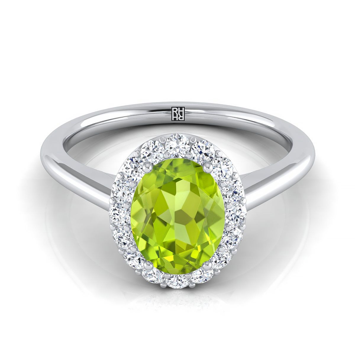 Platinum Oval Peridot Shared Prong Diamond Halo Engagement Ring -1/5ctw