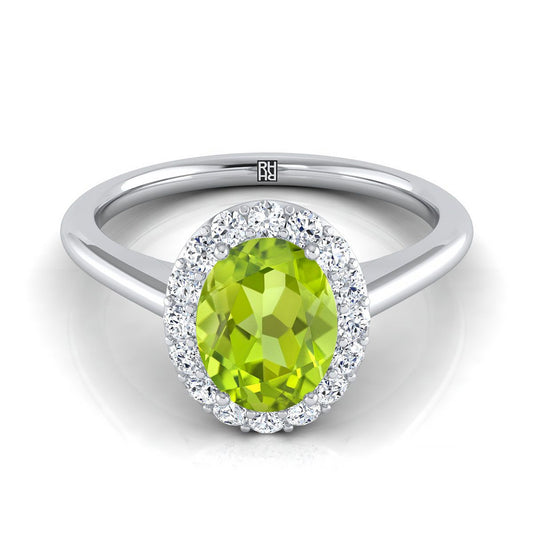 Platinum Oval Peridot Shared Prong Diamond Halo Engagement Ring -1/5ctw