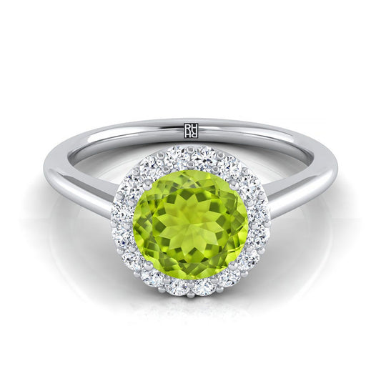 14K White Gold Round Brilliant Peridot Shared Prong Diamond Halo Engagement Ring -1/5ctw