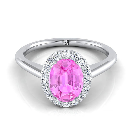 14K White Gold Oval Pink Sapphire Shared Prong Diamond Halo Engagement Ring -1/5ctw