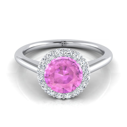 14K White Gold Round Brilliant Pink Sapphire Shared Prong Diamond Halo Engagement Ring -1/5ctw
