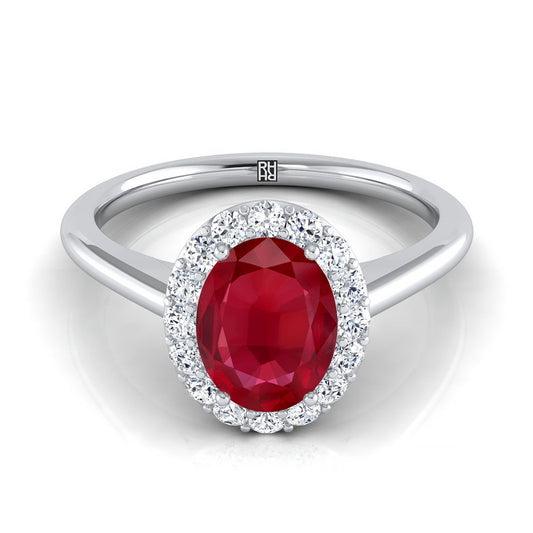 Platinum Oval Ruby Shared Prong Diamond Halo Engagement Ring -1/5ctw