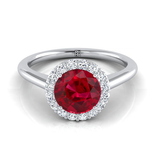 18K White Gold Round Brilliant Ruby Shared Prong Diamond Halo Engagement Ring -1/5ctw