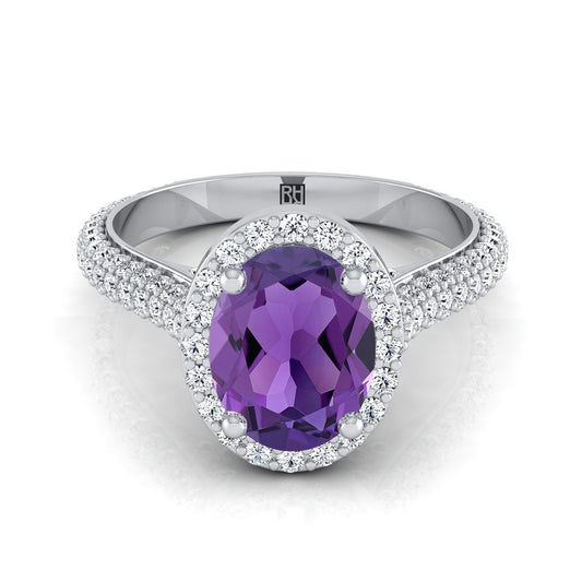 18K White Gold Oval Amethyst Micro-Pavé Halo With Pave Side Diamond Engagement Ring -7/8ctw