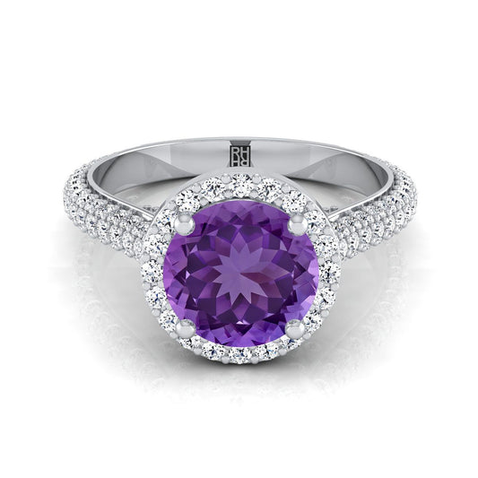 14K White Gold Round Brilliant Amethyst Micro-Pavé Halo With Pave Side Diamond Engagement Ring -7/8ctw